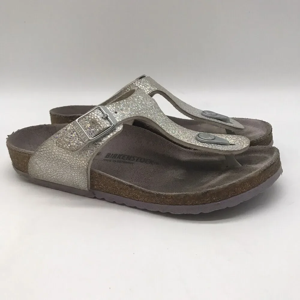 Birkenstock Gizeh Sparkly Silver Birko-Flor T-Strap Thong 34 Girls 3-3.5 Sandals
